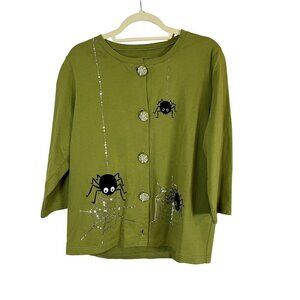 Onque Casuals Jacket Women XL Green Festive Halloween Spiderweb Spiders Goth 80s